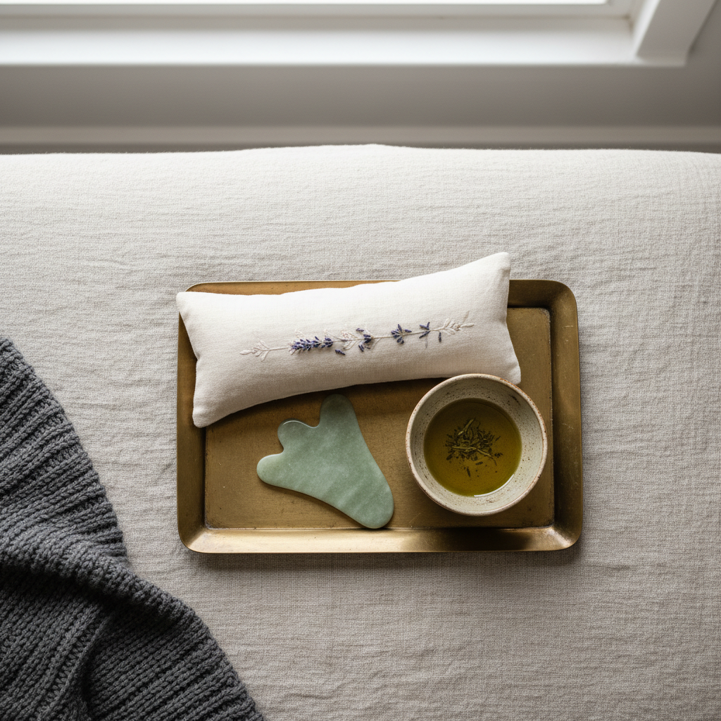 An overhead view of a prepared treatment tray: a brushed brass tray holding a chilled jade gua sha tool, a small ceramic bowl of herbal-infused oil, and a slender linen-covered eye pillow filled with lavender. The tray rests on a treatment bed draped in stone-colored linen, with the corner of a charcoal gray knit blanket visible. Natural, overcast window light from above creates even, diffused illumination with very soft shadows, highlighting the rich textures of metal, stone, and fabric. Photographic realism, top-down composition with generous negative space around the tray, creating an atmosphere of ritual, intentional touch, and holistic nervous system support.