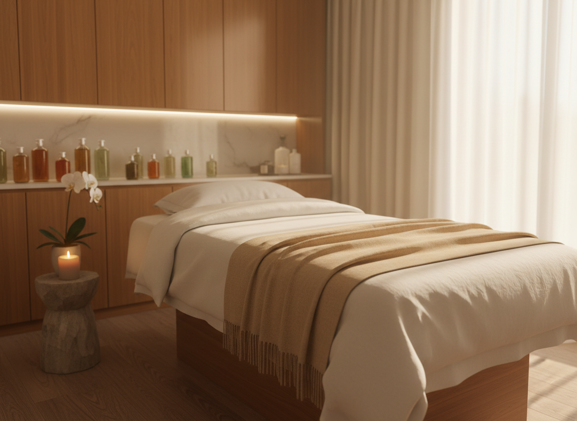 A luxurious treatment bed draped in crisp white linens and a soft sand-colored cashmere throw, centered in a tranquil esthetics studio. Smooth, warm-toned wood cabinetry lines the back wall, with neatly arranged glass bottles of botanical skincare glowing under subtle under-cabinet lighting. A single white orchid and a lit beeswax candle rest on a small stone side table. Late afternoon natural light filters through sheer ivory curtains, creating soft, elongated shadows and a soothing golden haze. Photographic realism, eye-level composition with shallow depth of field, focusing on the bed while the background softly blurs, evoking a serene, sacred, spa-like atmosphere of calm sophistication and intentional self-care.
