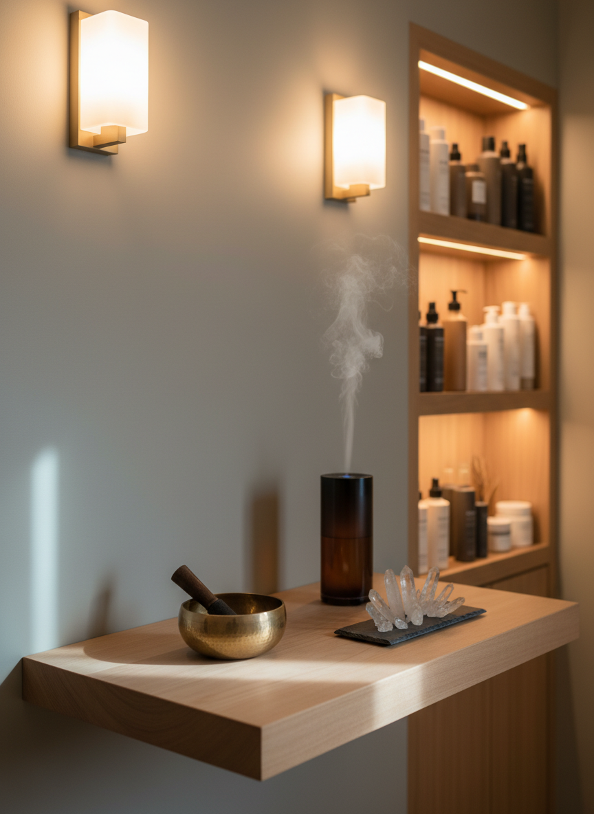 A serene corner of a treatment room featuring a low, smooth wooden altar-style shelf against a soft greige wall. On the shelf sit three carefully arranged objects: a hammered brass singing bowl, a dark glass aromatherapy diffuser emitting a thin column of mist, and a cluster of clear quartz points on a slate tray. In the background, blurred shelves display neatly organized skincare bottles in neutral tones. Warm, dimmable wall sconces cast a golden, ambient glow, while a small shaft of cool daylight from an unseen window adds gentle contrast. Photographic realism, slightly angled perspective with rule-of-thirds composition, evoking spiritual alignment, grounded luxury, and a sense of sacred preparation before skin treatments.
