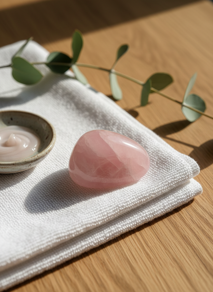 A close-up of a polished rose quartz palm stone resting on a folded white organic cotton towel, beside a small ceramic dish of thick, pearlescent facial mask. The surface beneath is a warm, matte oak wood table, with a single sprig of eucalyptus extending diagonally into the frame. Soft, early morning natural light streams from the right, catching the translucent pink tones of the crystal and the creamy sheen of the mask, casting delicate, feathered shadows. Photographic realism with a shallow depth of field keeps the crystal in crisp focus while the background falls into a gentle blur, creating a mood of nurturing, inner balance and subtle energetic support.