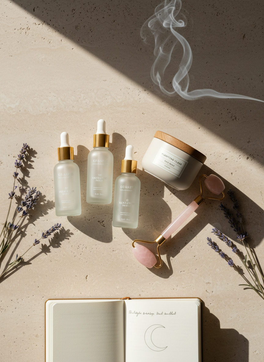 An elegant flatlay of high-end skincare products arranged on a pale travertine stone surface: frosted glass serum bottles, a matte porcelain mask jar, and a rose quartz facial roller. Delicate wisps of dried lavender and a small, open journal with cream pages frame the composition. Soft, diffused window light from the left creates subtle highlights on the glass and stone textures, with gentle shadows adding depth. A faint curl of incense smoke drifts across the top edge, suggesting ritual and energy cleansing. Photographic realism, top-down bird’s-eye view, minimalist aesthetic, with a calm, sophisticated mood that blends clinical results-driven care with spiritual intention.