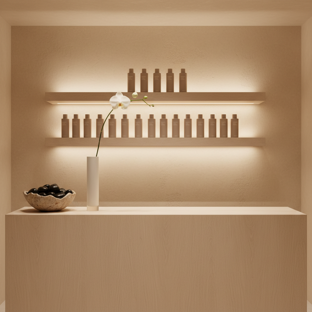 A minimalist, high-end reception console in an esthetics studio, crafted from pale oak with a smooth, seamless finish, positioned against a textured plaster wall in a warm bone color. On the console, a single sculptural ceramic bowl holds polished black tourmaline stones, beside a slim, frosted glass vase with one long, arching white stem. Behind, a backlit floating shelf displays a curated row of identical, unbranded skincare bottles in soft taupe and ivory. Soft, diffused overhead lighting and subtle LED backlighting create a gentle halo effect around the products. Photographic realism, straight-on composition with sharp focus throughout, conveying calm sophistication, intentional design, and a blend of clinical esthetics with grounded energetic protection.