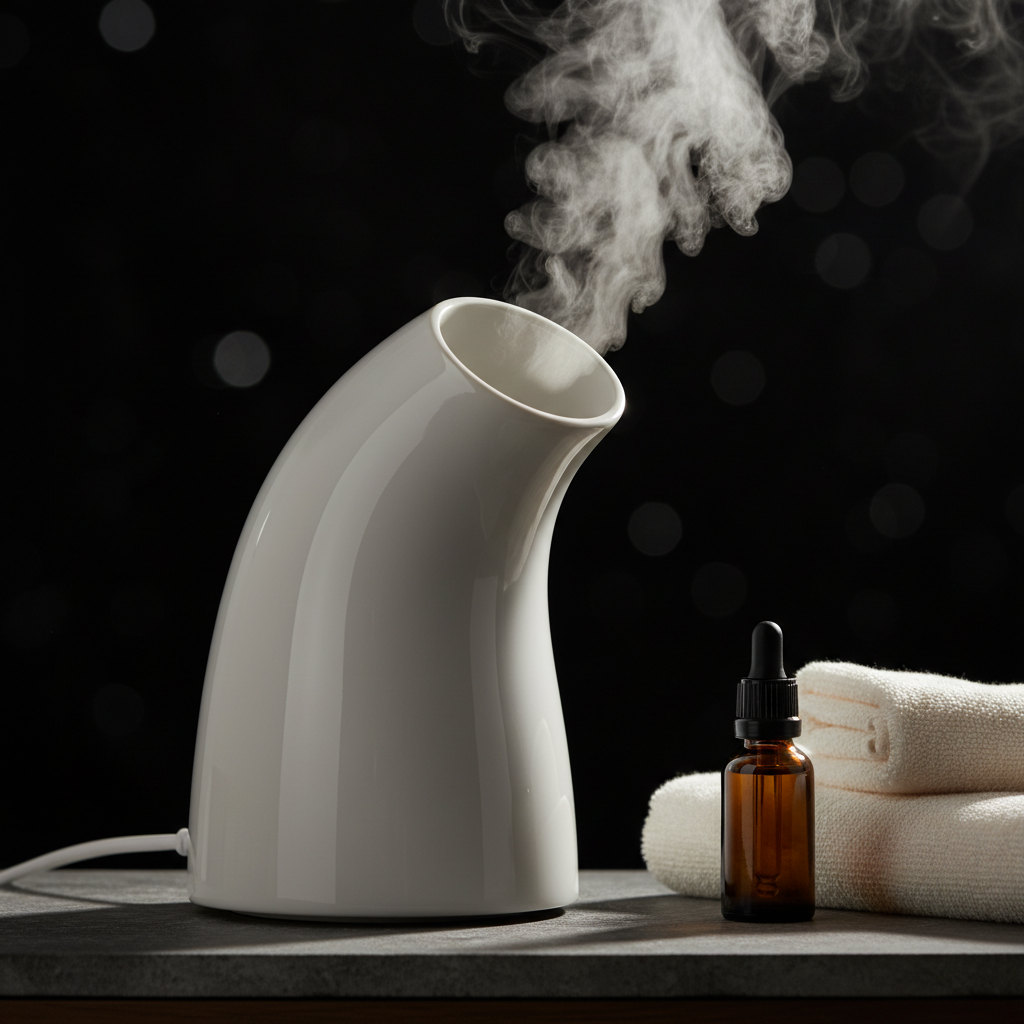 A close, cinematic shot of a white porcelain facial steamer emitting a steady, translucent cloud of warm mist against a dark, velvety backdrop. The steamer sits on a slate-gray stone counter beside neatly folded ivory towels and a small, closed amber glass dropper bottle. Side lighting from the left creates dramatic highlights along the curved porcelain surface and catches the swirling patterns of the steam, while the background falls into deep shadow with soft bokeh. Photographic realism, low-angle close-up that makes the steamer appear almost sculptural, evoking a mood of deep purification, nervous system relaxation, and highly professional, results-driven care.